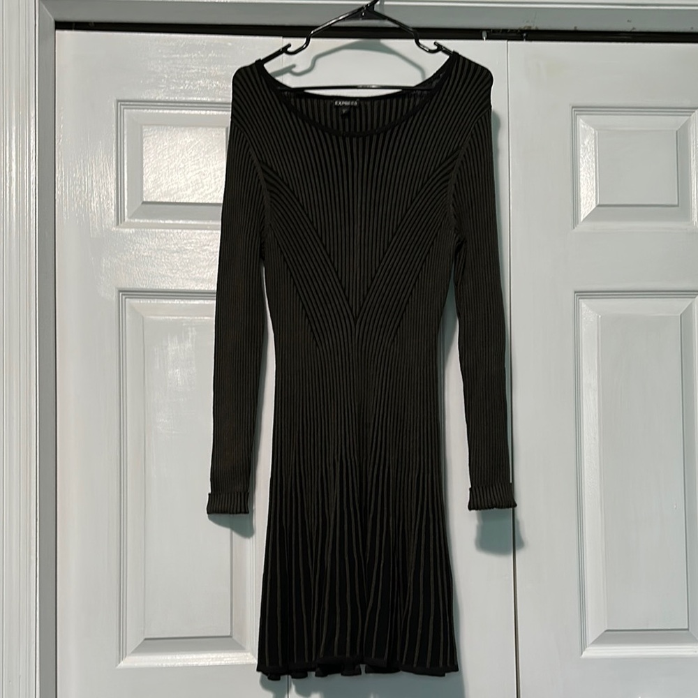 Express Black Olive Ribbed Knit Dress Long Sleeve